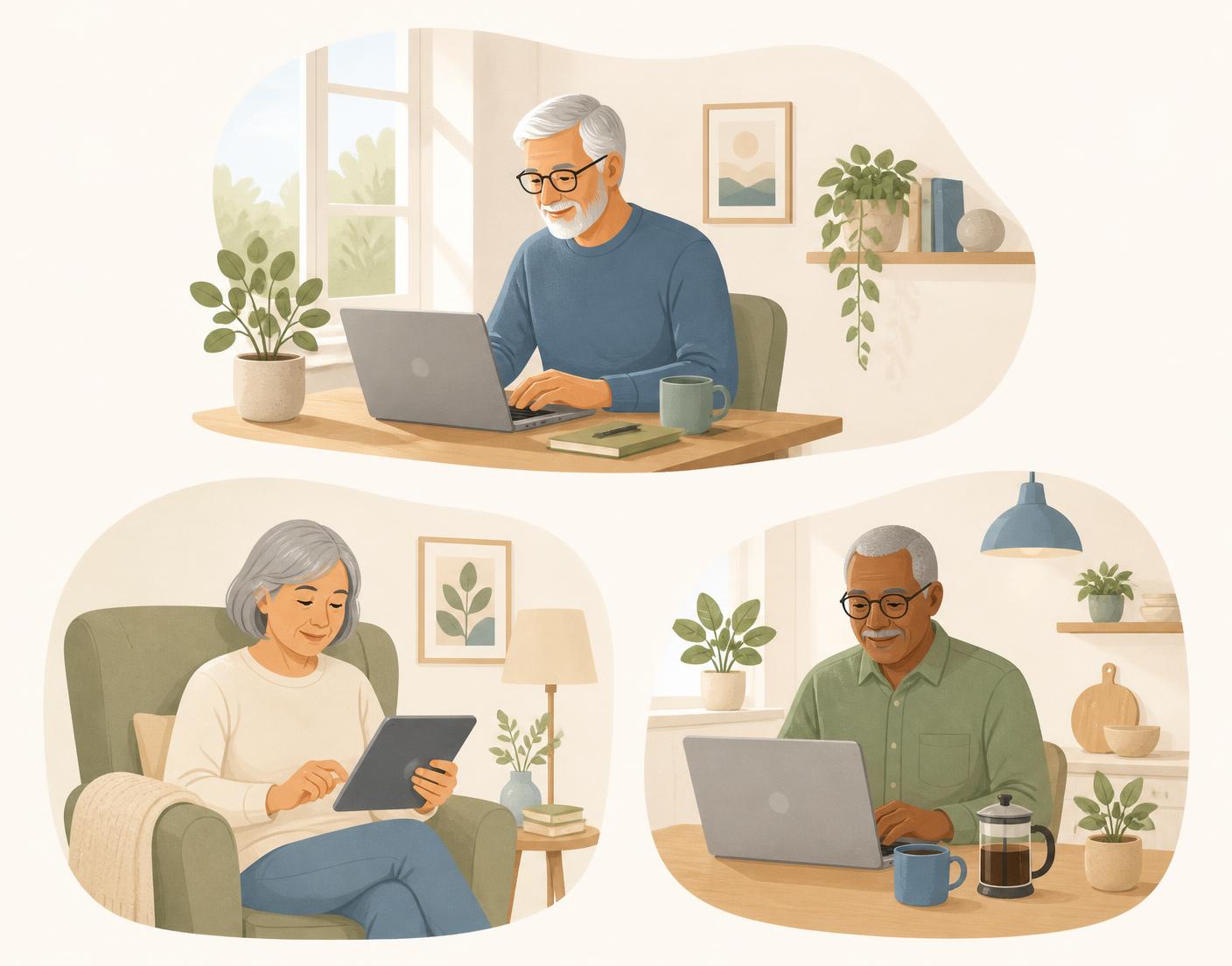Flat illustration of three adults in their sixties working from home on laptops and a tablet, exploring online business ideas for retirement